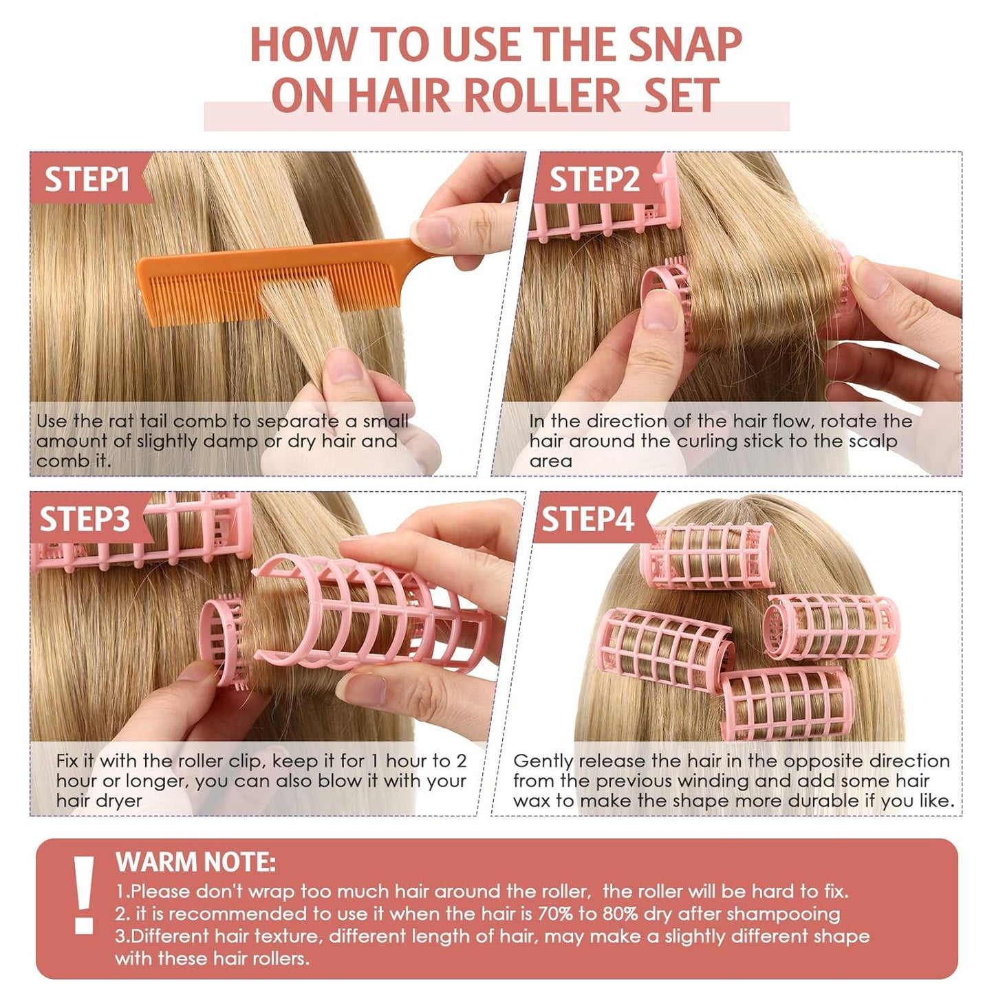 Syhood 12 Pcs Plastic Hair Rollers for Women Large Size Curlers Set Snap Roller Clips with Rat Tail Comb for Long Medium Short Hair Bangs, Salon Hairdressing Styling Tool(2.6 x 1.1 Inch,Peach Color)