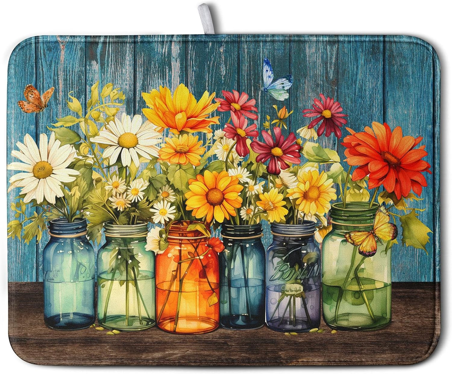 Daisy Dish Drying Mat for Kitchen Counter 18x24 Inch Rustic Vintage Flower Vases Drying Mats Microfiber Absorbent Dishes Drainer Mats Farmhouse Floral Wooden Board Dish Rack Pad