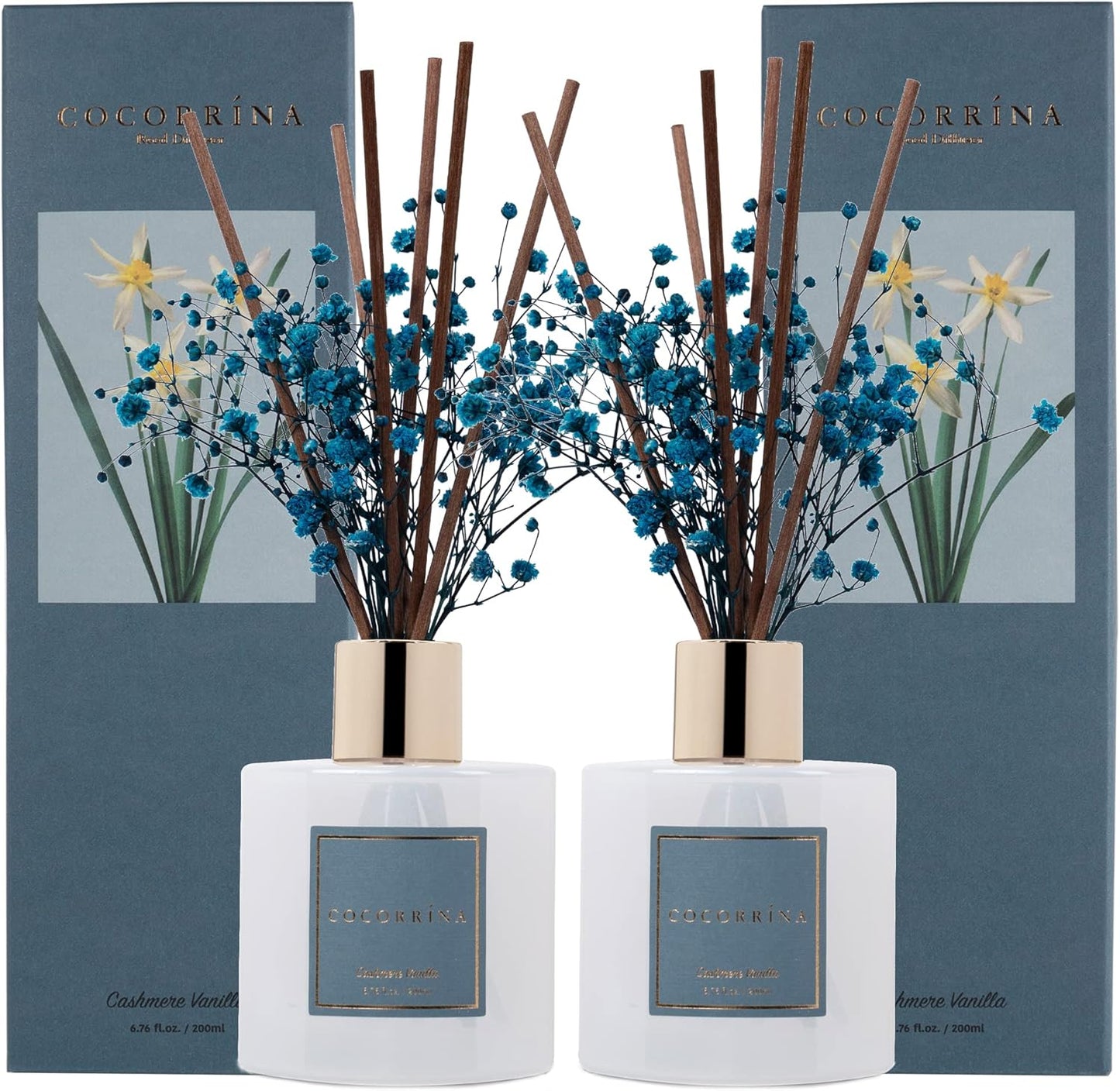 Cocorrína Premium Reed Diffuser Set with Preserved Baby's Breath & Cotton Stick Cashmere Vanilla 2 Packs, 6.7oz Scent Fragrance Oil Diffuser for Bedroom Bathroom Home Décor