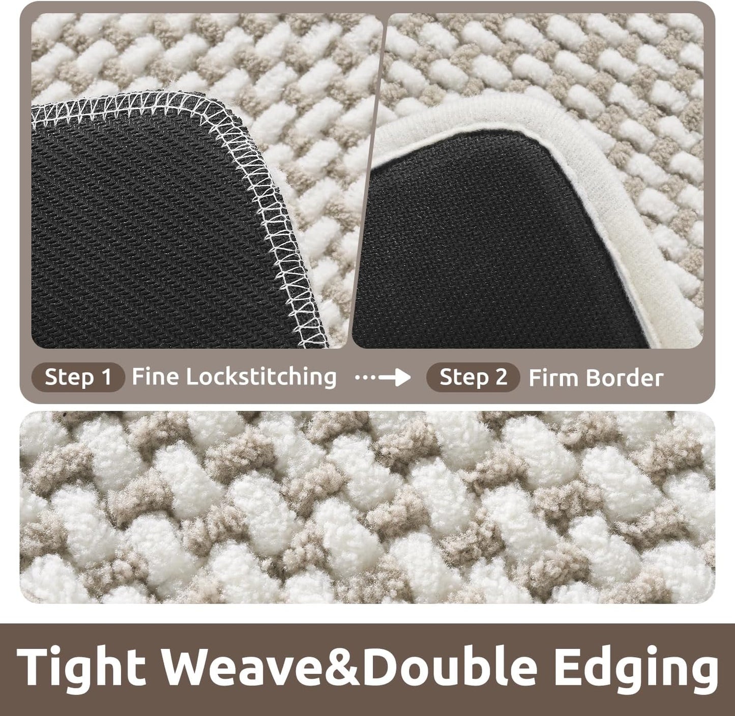 AMOAMI Chenille Bath Mat Super Absorbent Bathroom Mat Quick Dry Bath Mats for Bathroom Rubber Backed Bathroom Rugs Non Slip Washable Fit Under Door, Front of Bathtub, Sink, Beige&White 24"x36"