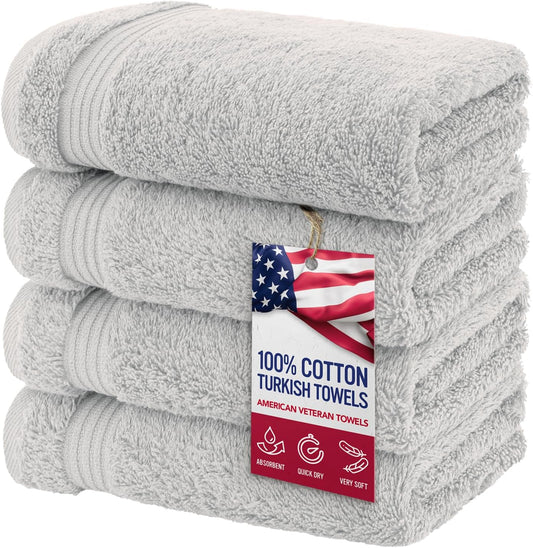 American Veteran Towel, Hand Towels for Bathroom Set of 4, 100% Cotton Turkish Hand Towel Sets, Soft Hand Face Towels, Silver Grey Hand Towels