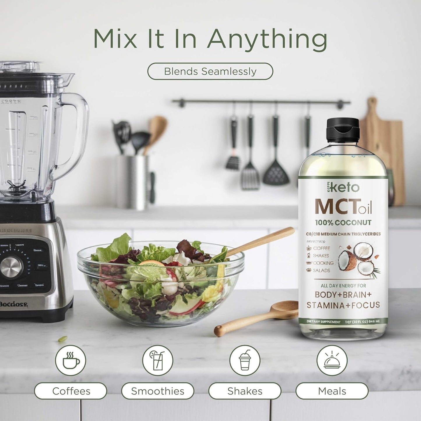 Keppi MCT Oil - From 100% Coconuts - Flavorless C8 and C10, Non-GMO, Certified Gluten-Free, Palm Oil Free, Vegan, Kosher, Halal, 32 oz Coconut Oil