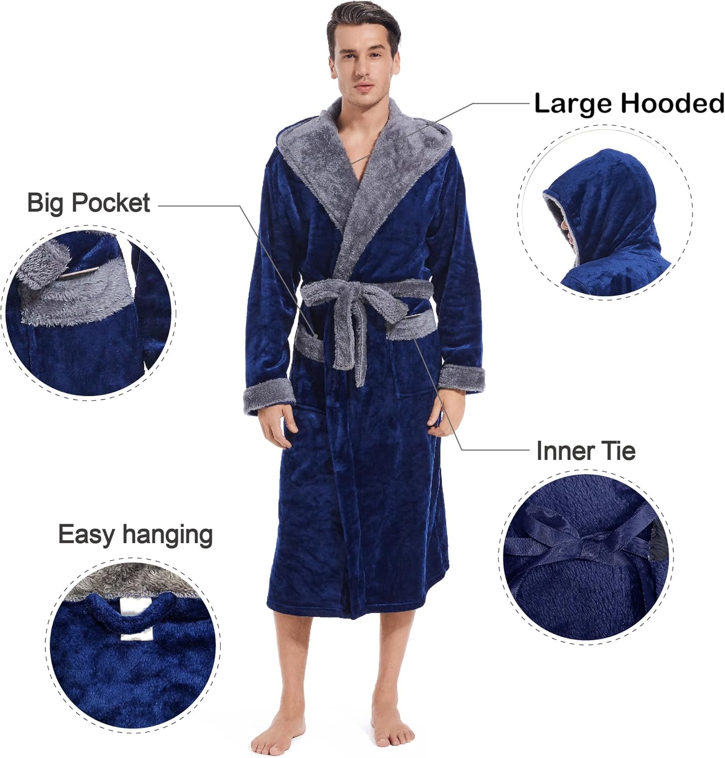 Inner Wish Mens Hooded Robe, Plush Long Bath robes Cozy Warm Bathrobe Fuzzy male Spa Robe With Pockets