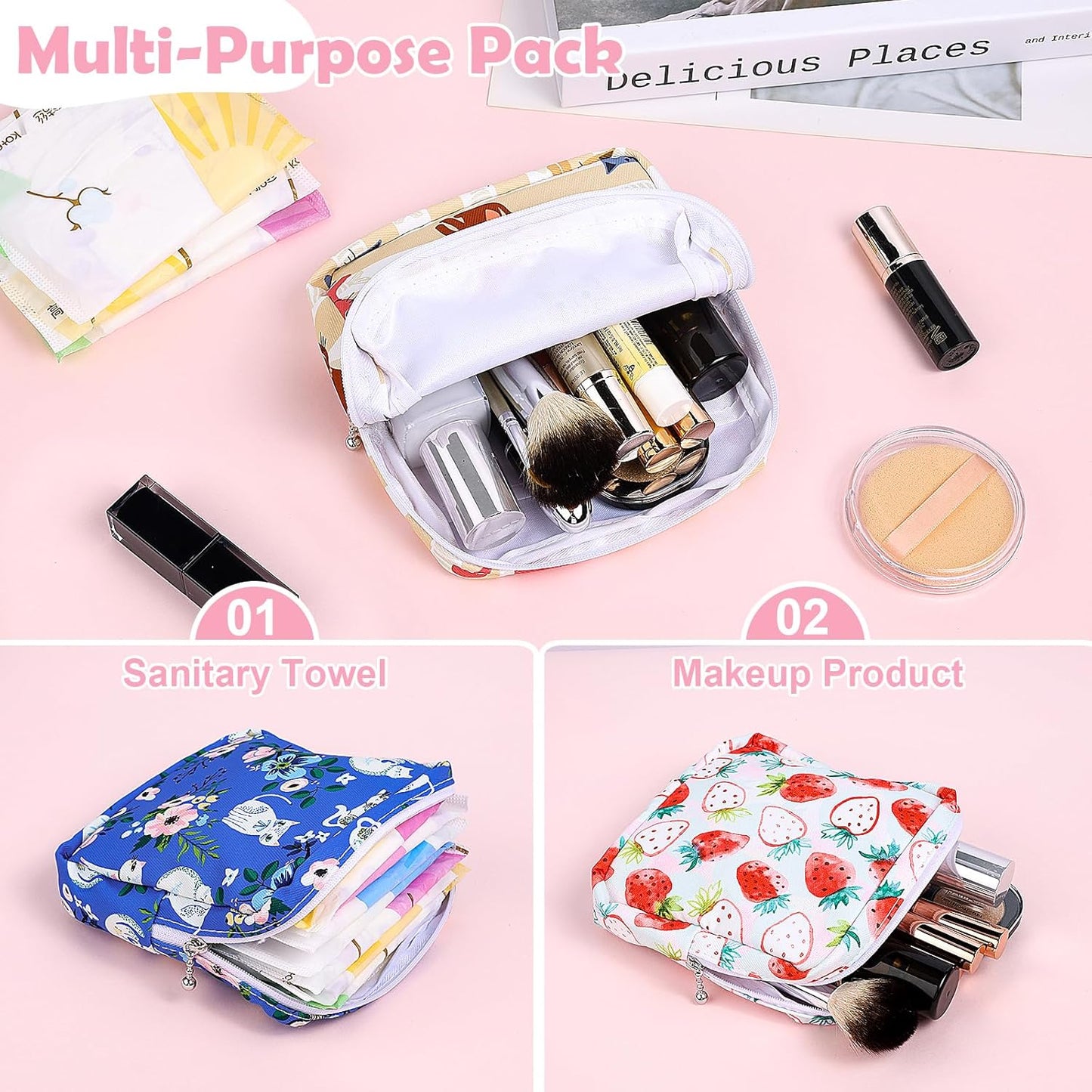 Desing Wish Period Bag Pouch Soft Cloth Sanitary Napkin Storage Bag Portable Menstrual Pad Pouches Tampon Holder for Purse First Period Kit for Girls 9-12 (Flowers)