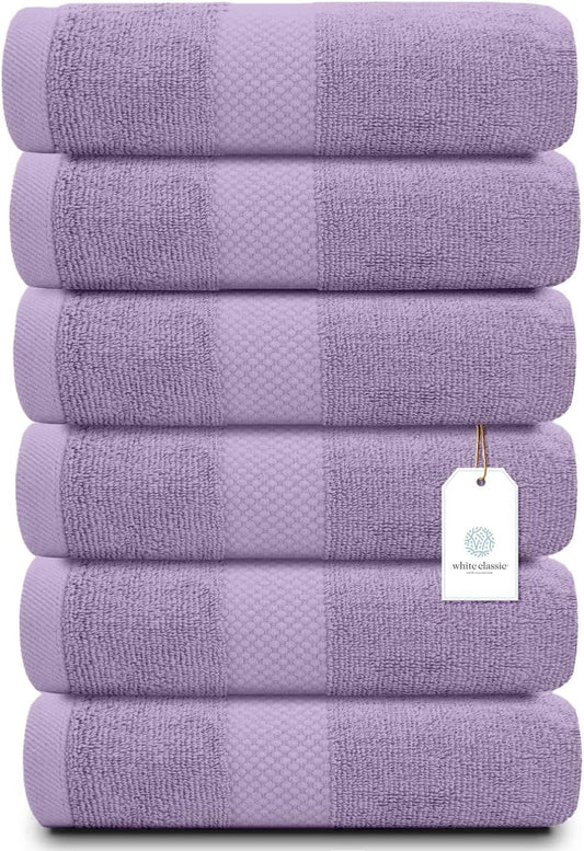 White Classic Luxury Lavender Hand Towels - Soft 100% Turkish Cotton | Highly Absorbent Hotel spa Bathroom Towel Collection | 16x30 Inch | Set of 6