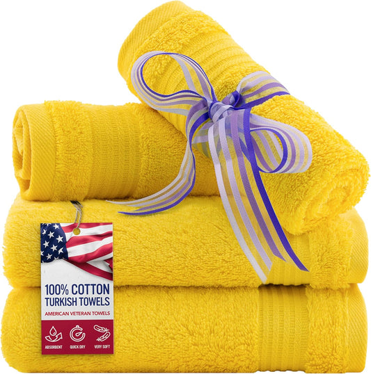 American Veteran Towel, 100% Cotton Turkish Washcloths for Bathroom Essentials 4 Pack, Soft Absorbent Wash Cloths Quick Drying Small Towels Washrags, Yellow