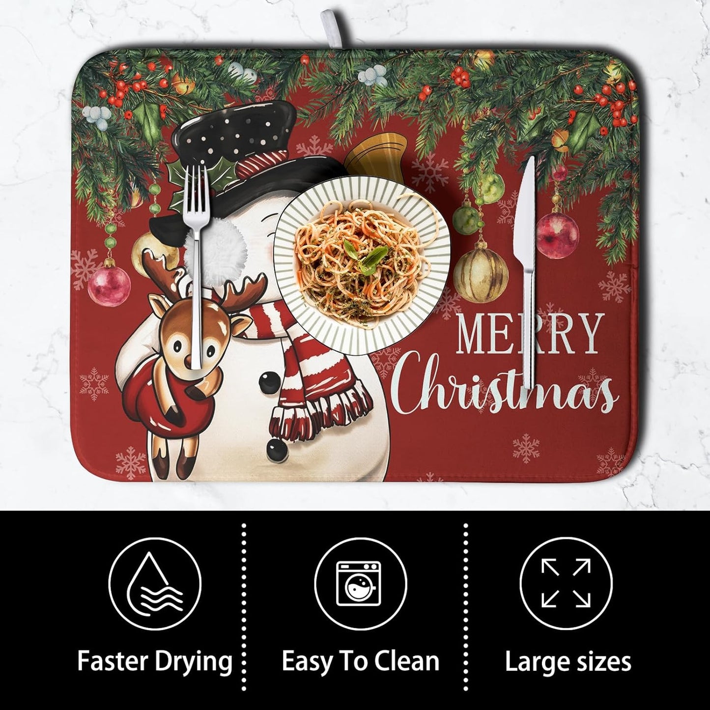 Christmas Dish Drying Mats for Kitchen Counter 18x24 Cute Snowman Red Dish Drying Pad for Dishes Winter Xmas Holiday Dish Draining Mat Absorbent Microfiber Dish Drainer Rack Mats