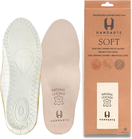 HANDARTE Leather Orthopedic Insoles | Padded Comfort Shoe Inserts for Women | 100% Natural Goatskin - ChromeFree, Anti Sweat & Anti-Odor - Suitable for No-Socks (US W6.5/7 | EU37)