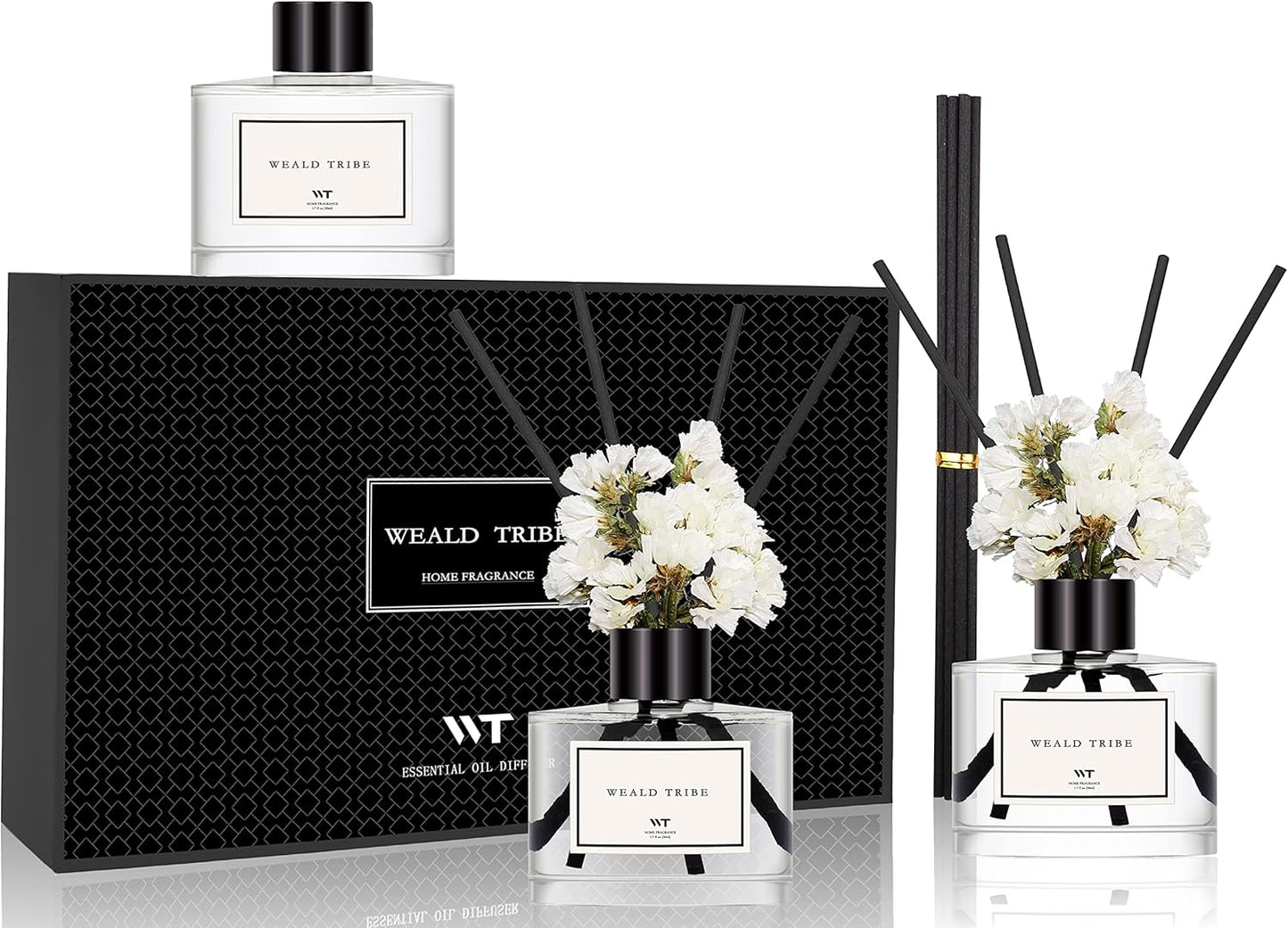 WEALD TRIBE Flower Reed Diffuser Set of 3 for Bathroom Accessories Shelf Decor & Air Fresheners, Stick Defusers | Velvet Vanilla, Hotel White Tea, Tahitian Crown Flower Scent(1.7oz/Pack) Office Gift