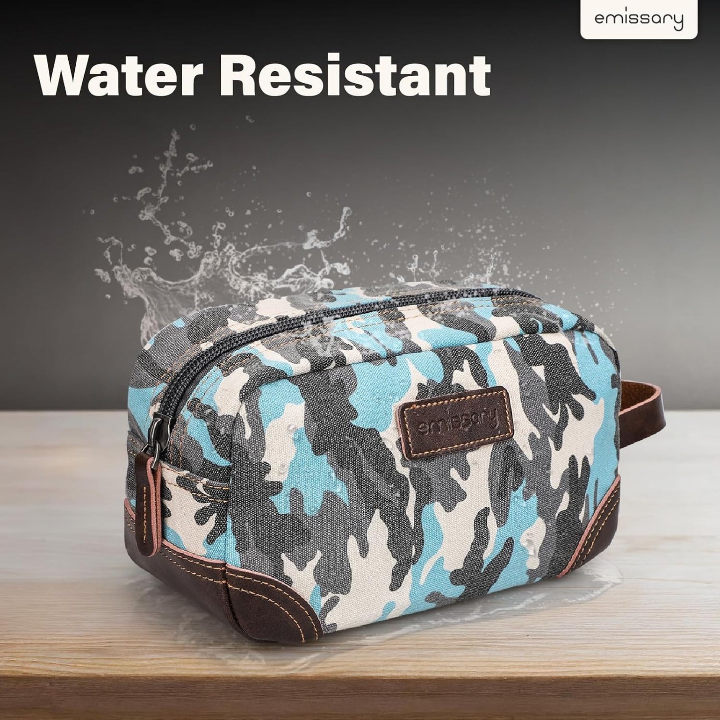emissary Men's Toiletry Bag, Leather and Canvas Travel Toiletry Bag, Dopp Kit for Men,Bathroom Bag Men's Shaving Kit, Travel Kit Small Bags for Men, Shaving Bag for Travel (Camo-Blue)