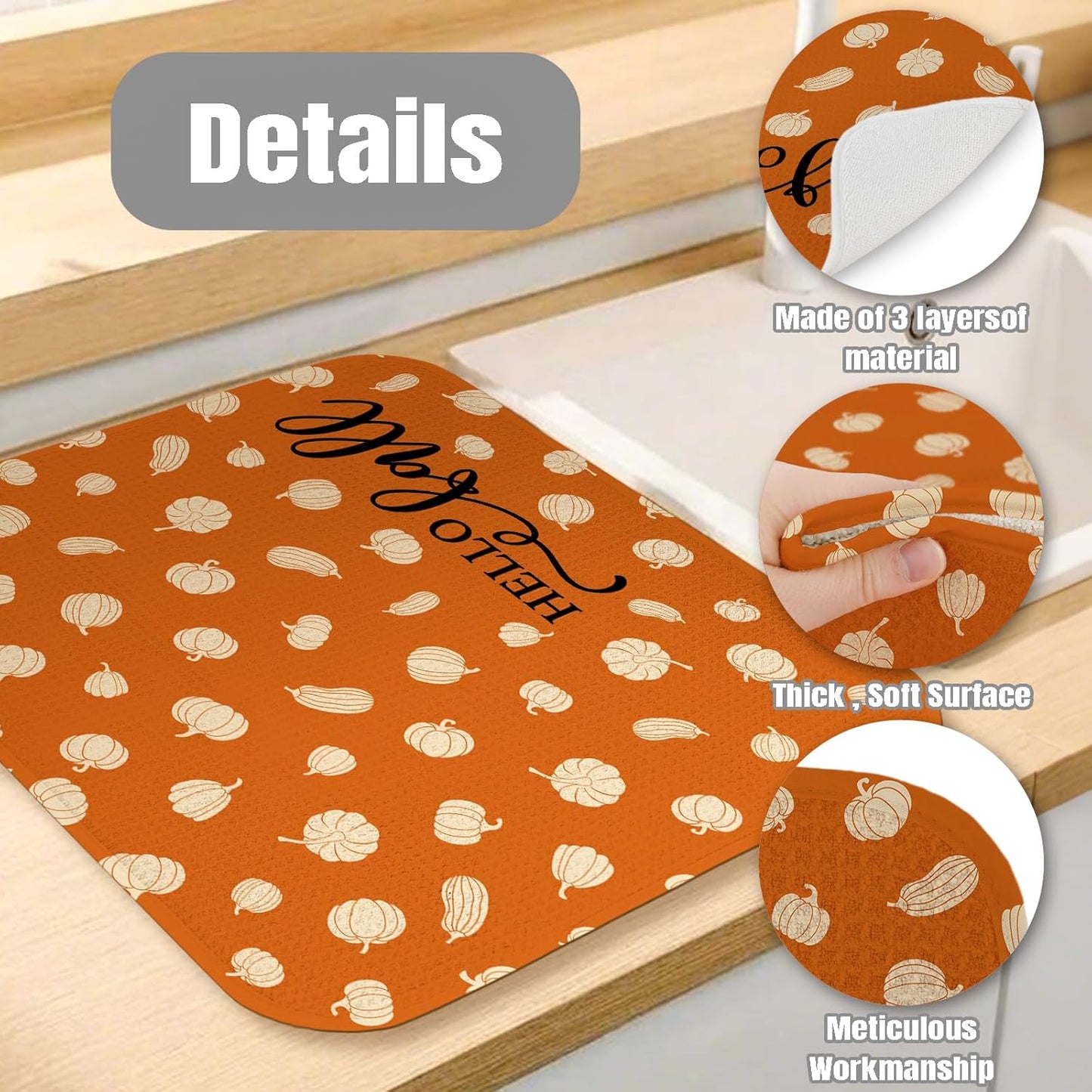 Dish Drying Mat for Kitchen Counter Large 18" x 24" Fall Pumpkin Absorbent Microfiber Dishes Drainer Rack Mats Pad Reusable Washable