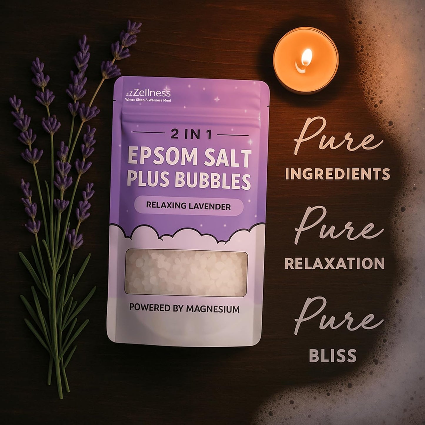 Epsom Salt Plus Bubbles – Lavender Scented Foaming Bath Soak – Magnesium Sulfate for Muscle Recovery, Stress Relief & Relaxation – Great for Aromatherapy – 12 oz