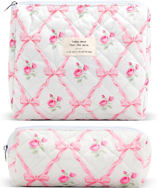 2Pcs Quilted Cotton Makeup Bag Large Travel Makeup Pouch Small Brush Holder Set for Women Cute Floral Coquette Makeup Bag Aesthetic Cosmetic Bag Pink Bow Toiletry Organizer Storage Bag Zipper Pouch