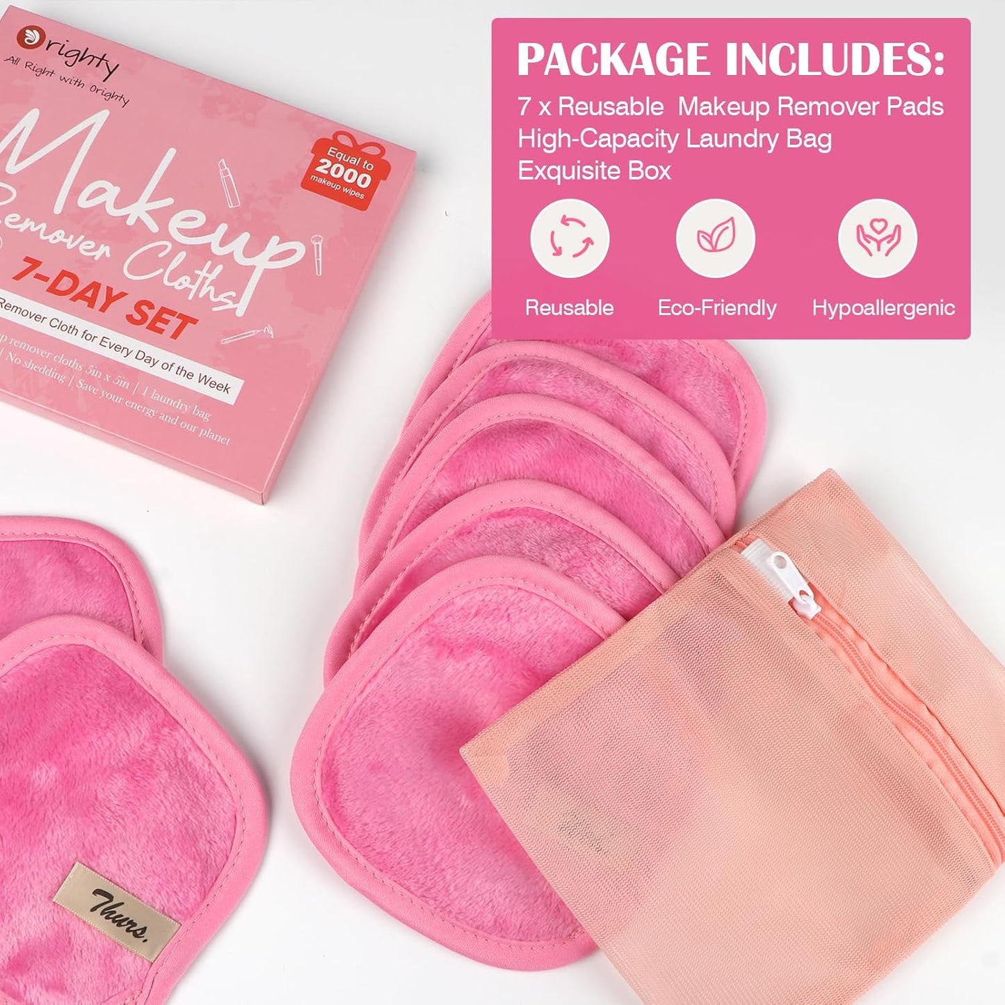 Orighty Makeup Remover Cloths 7-Day Set, Premium & Reusable Makeup Remover Pads, Erase Make-up With Just Water, Make-up Set For Eyes, Lips, Foundation and more, Ideal Choice For Women (Pink)
