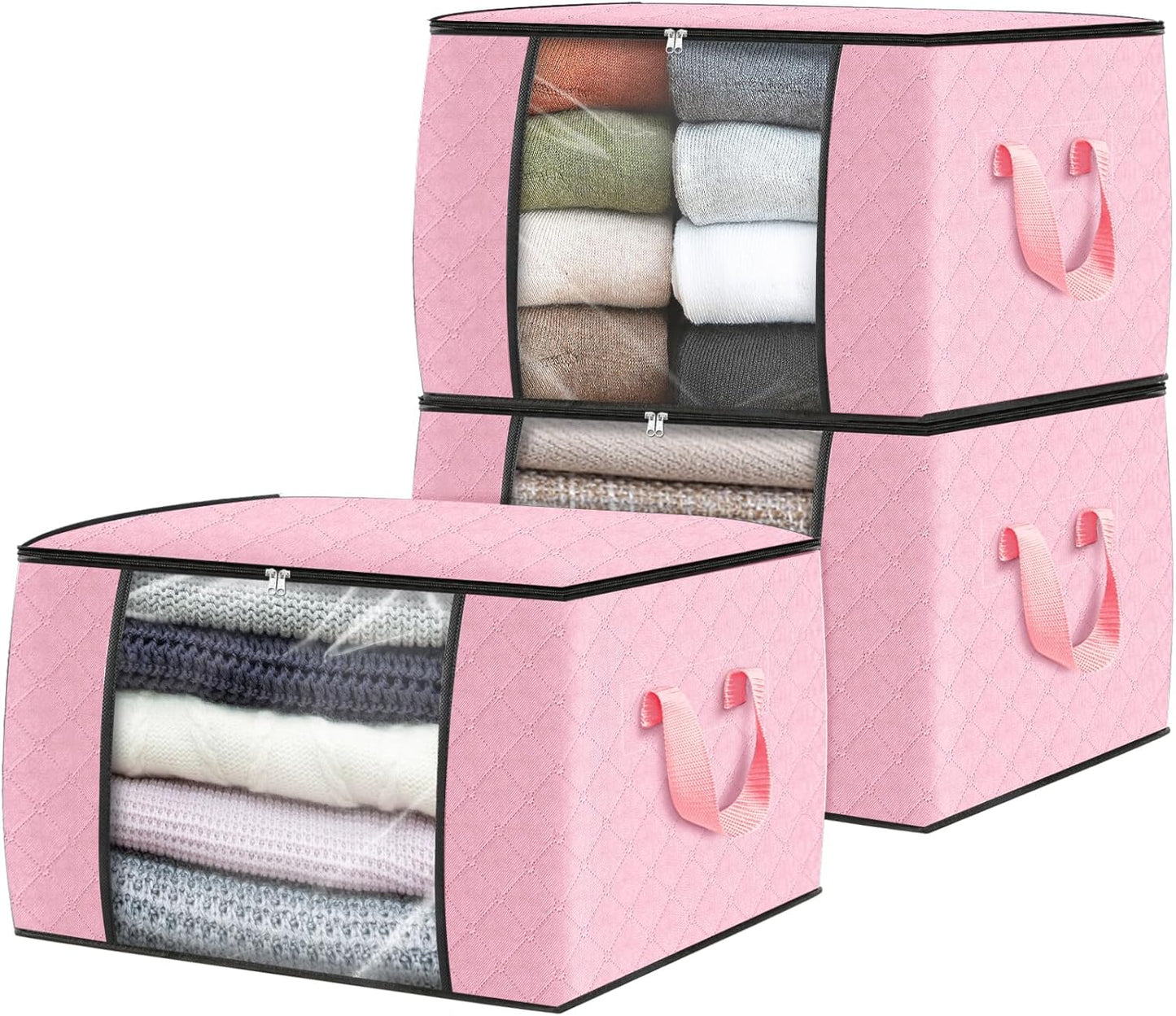 Fab totes 3 Pack Clothes Storage, Foldable Thick Fabric Blanket Storage Bags, Containers for Organizing Bedroom, Closet, Clothing, Comforter, Organization with Handle,Pink