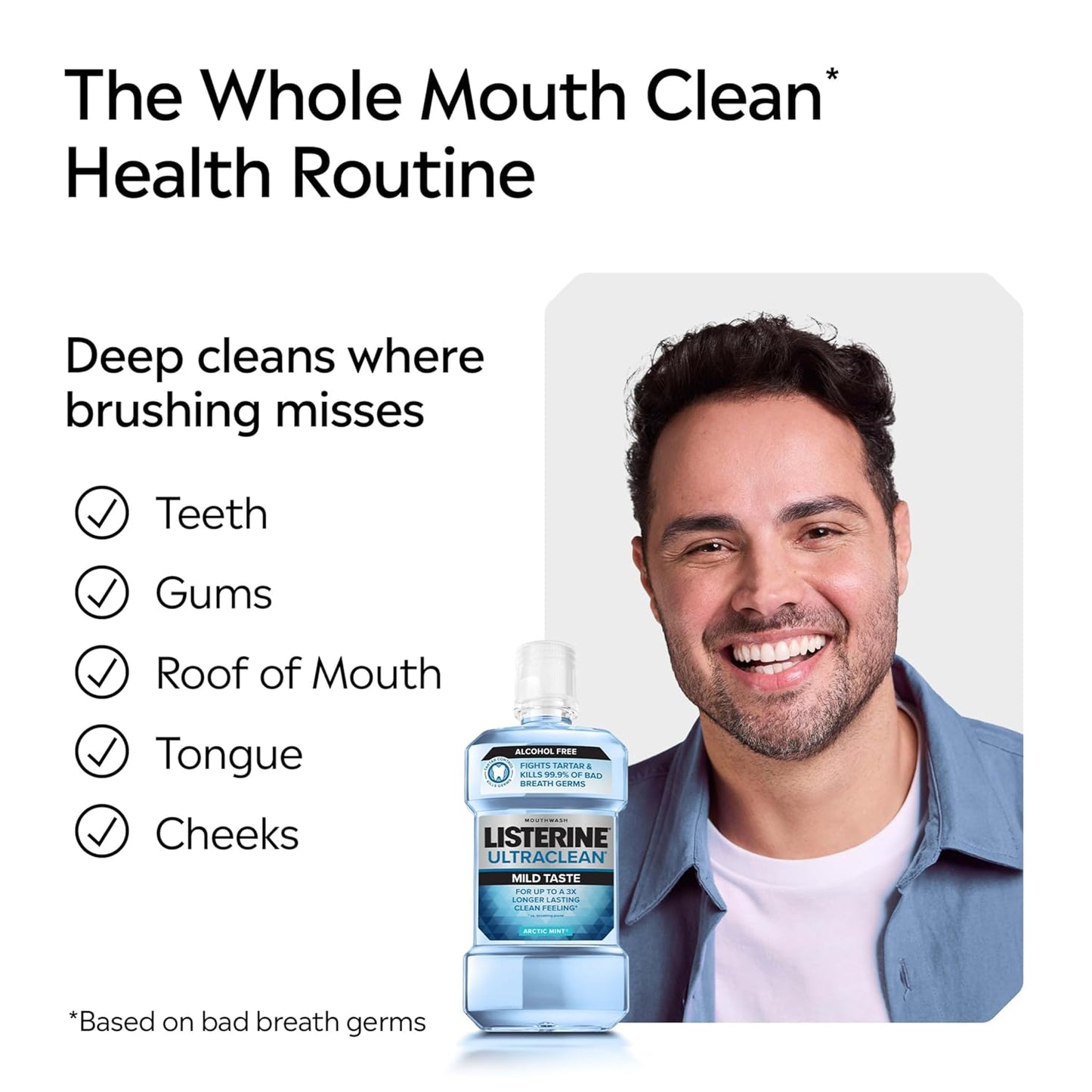 Listerine Ultraclean Alcohol-Free Tartar Control Mouthwash, Oral Rinse Fights Stain Build Up to Help Keep Naturally White Teeth, Less Intense Arctic Mint Flavor, 1L