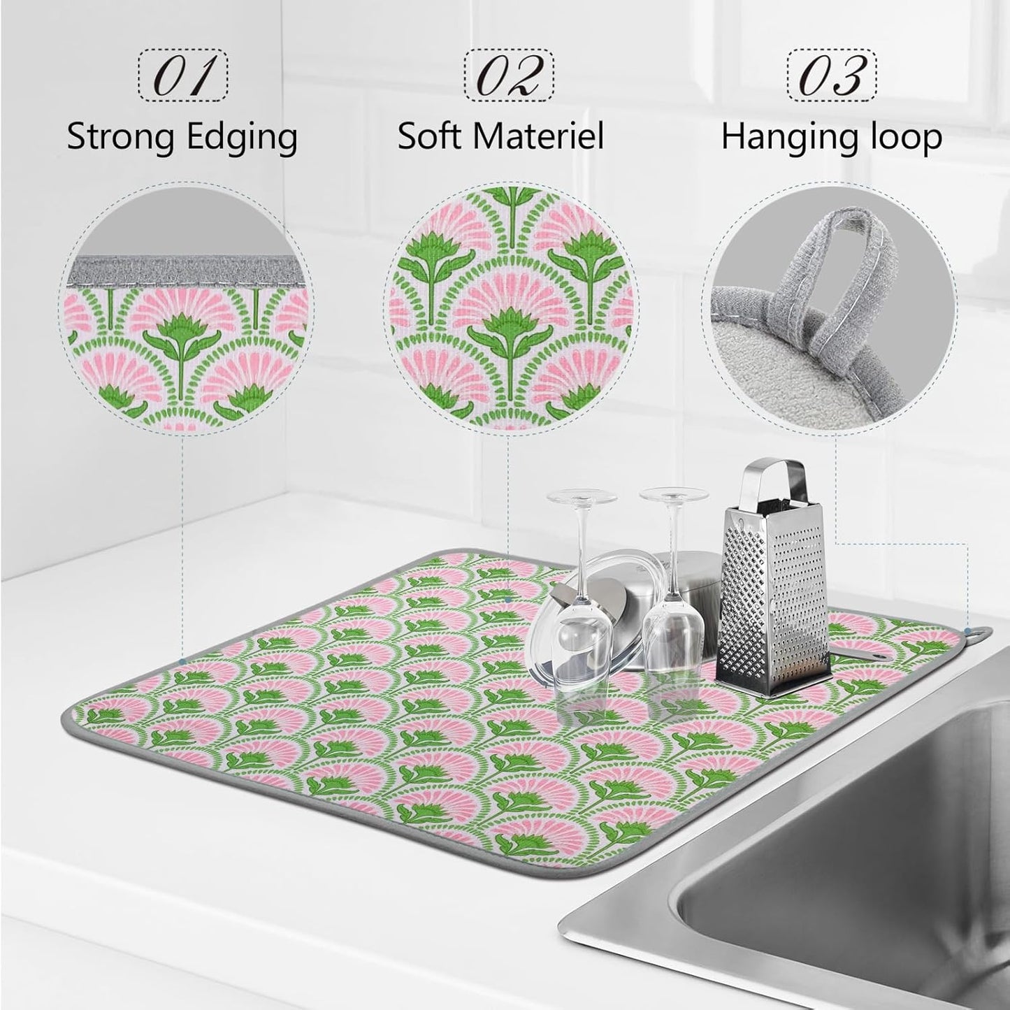 SHIYUE Dish Drying Mat for Kitchen Counter Super Absorbent Spring Kitchen Decor Microfiber Drying Matainers Rack Fast Pad Dish Drainer Mats(Bohe Flower,18''x24'')
