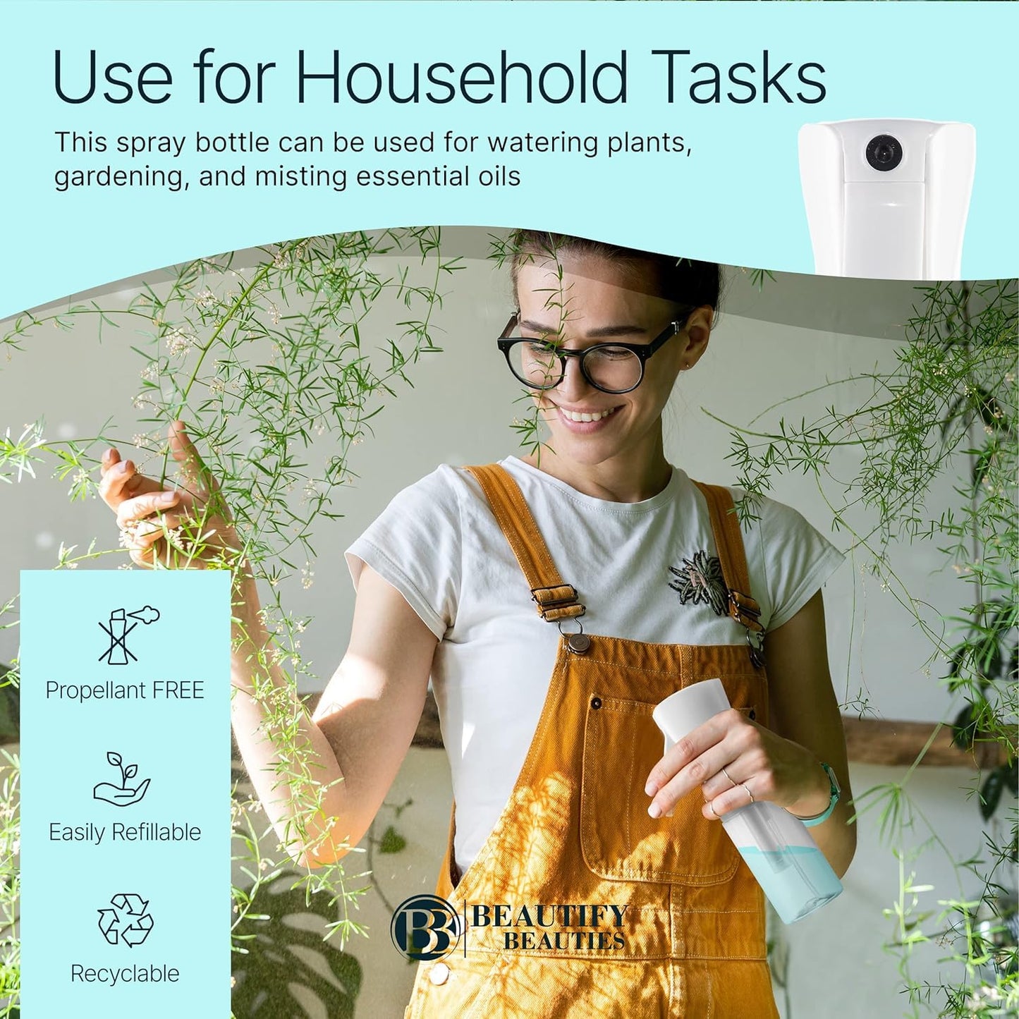 BeautifyBeauties Hair Spray Bottle – Ultra Fine Continuous Water Mister for Hairstyling, Cleaning, Plants, Misting & Skin Care (White, 6.8 Ounces)