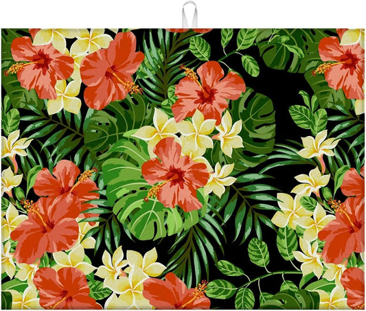 Dish Drying Mat For Kitchen Counter, Tropical Flower On Black Microfiber Absorbent Dish Drainer Rack Pad Reusable Large 18x24in Drying Mat