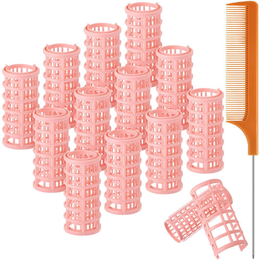 Syhood 12 Pcs Plastic Hair Rollers for Women Large Size Curlers Set Snap Roller Clips with Rat Tail Comb for Long Medium Short Hair Bangs, Salon Hairdressing Styling Tool(2.6 x 1.1 Inch,Peach Color)