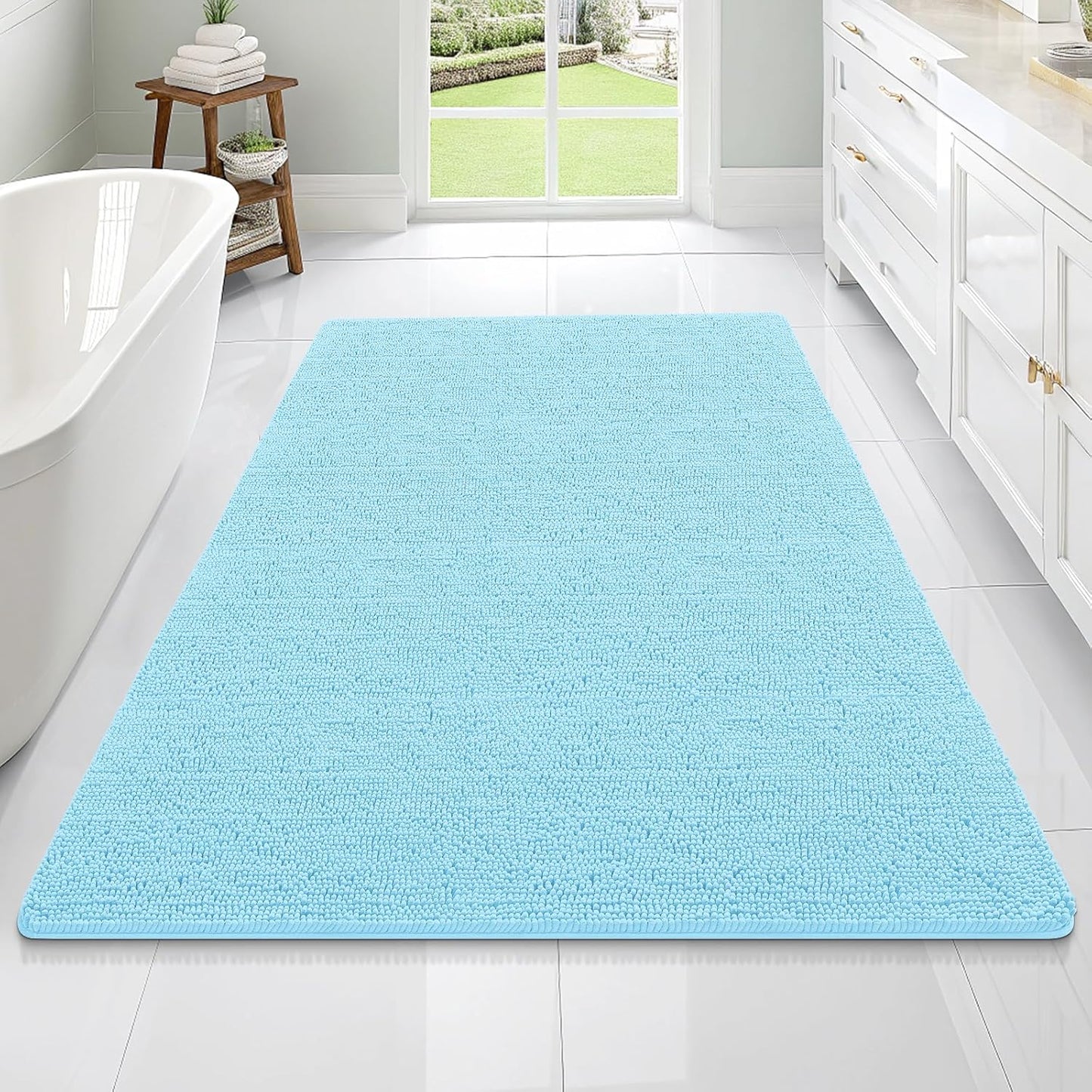 OLANLY Bathroom Rugs 70x46, Extra Soft Absorbent Chenille Bath Rugs, Rubber Backing Quick Dry, Machine Washable Bath Mats for Bathroom Floor, Tub and Shower, Home Decor Accessories, Sky Blue