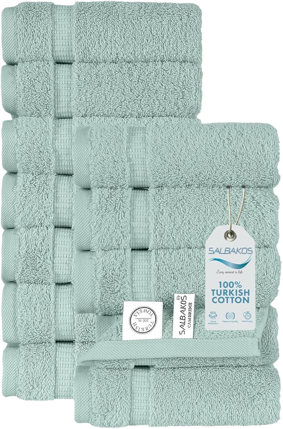 SALBAKOS 100% Turkish Cotton Washcloth Set of 12 13x13 inch | Heirloom Quality | Hotel & Spa Collection | Ultra Soft, Super Absorbent, Washcloth Towels | Made in Turkey (Seafoam Green, 12 Washcloths)