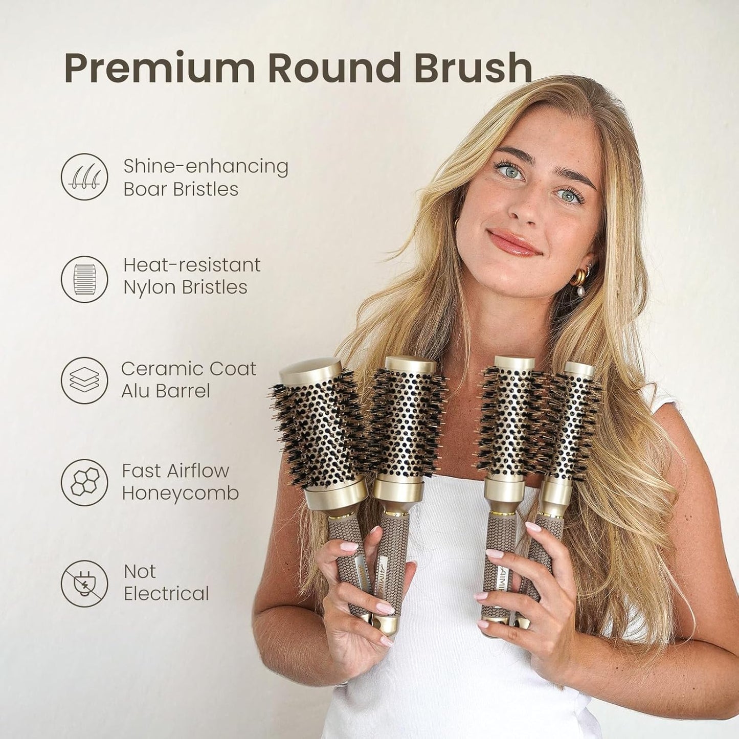 AIMIKE Round Hair Brush, 1 inch Barrel with Boar Bristles, Nano Thermal Ceramic & Ionic Tech, for Blow Drying, Styling, Curling and Shine + 4 Clips (Gold, Unisex, Fine Hair, Short Hair, Anti-Frizz)
