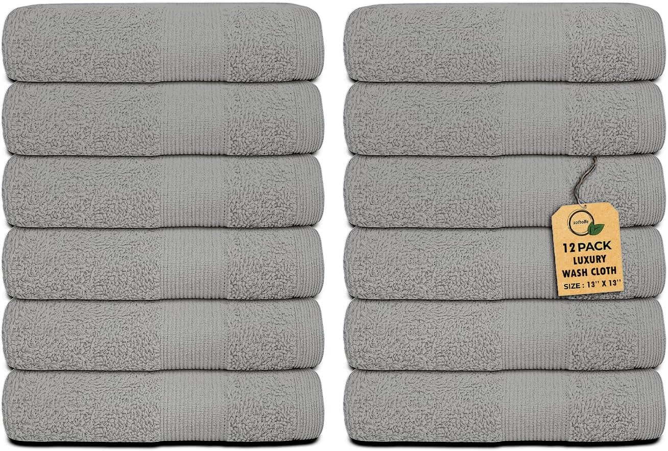 Premium Wash Cloths Pack of 12 (13" x 13") 100% Ring Spun Cotton | Luxury Washcloths | Ultra Soft Face Towels | Highly Absorbent Wash Cloths for face (Silver Grey)