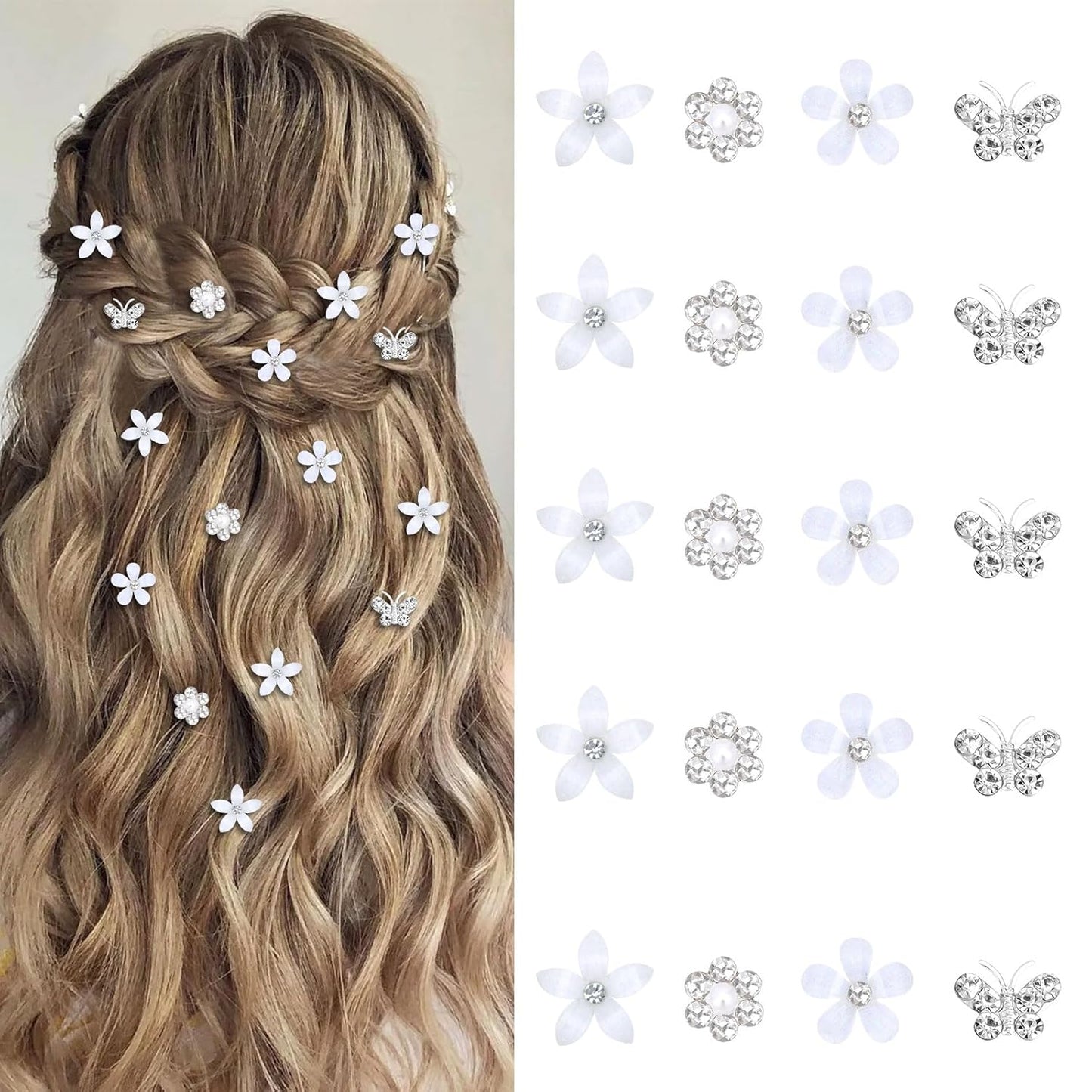 YISSION 20 Pcs Mini Flower Hair Clips Rhinestone Butterfly Hair Pins Small Decorative Hair Clips Wedding Hair Barrettes White Hair Clips Bridal Flower Girl Hair Accessories for Girls Women
