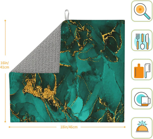 Turquoise Marble Decorative Dish Drying Mat for Kitchen Counter Washable Absorbent Reversible Microfiber Emerald Dark Green Drying Pad Kitchen Accessories 16"x18"