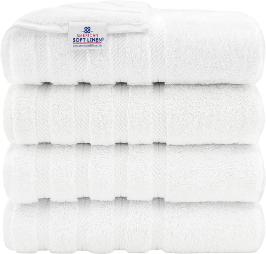 American Soft Linen Luxury 4 Piece Bath Towel Set, 600 GSM 100% Cotton Turkish Bath Towels for Bathroom, 27x54 in Extra Large Bathroom Shower Towels, White