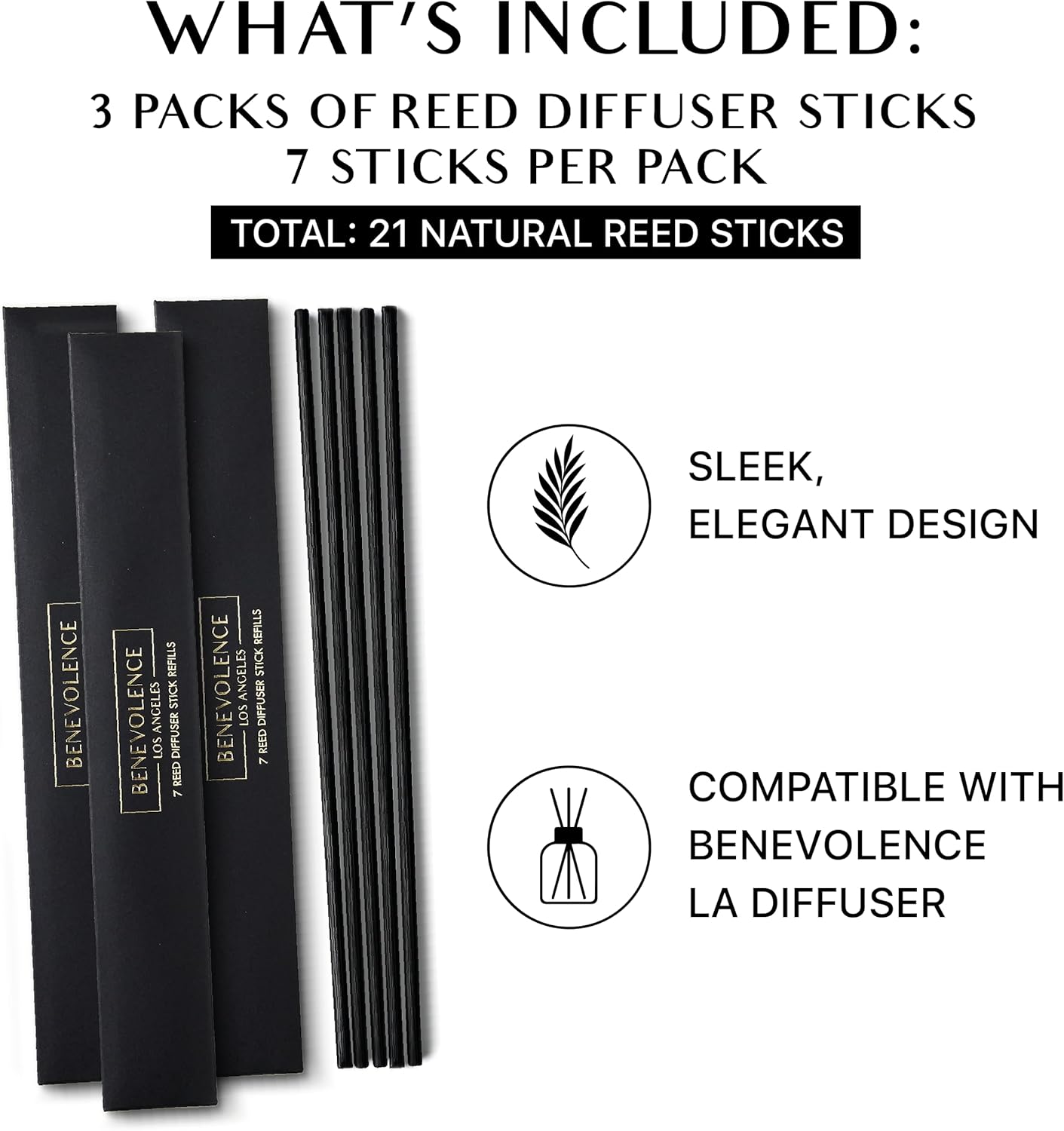Benevolence LA Reed Diffuser Sticks - 3 Pack of 7 Natural Rattan Sticks per Pouch – Home Fragrance Refill, Eco-Friendly Reed Replacement for Essential Oil Diffusers