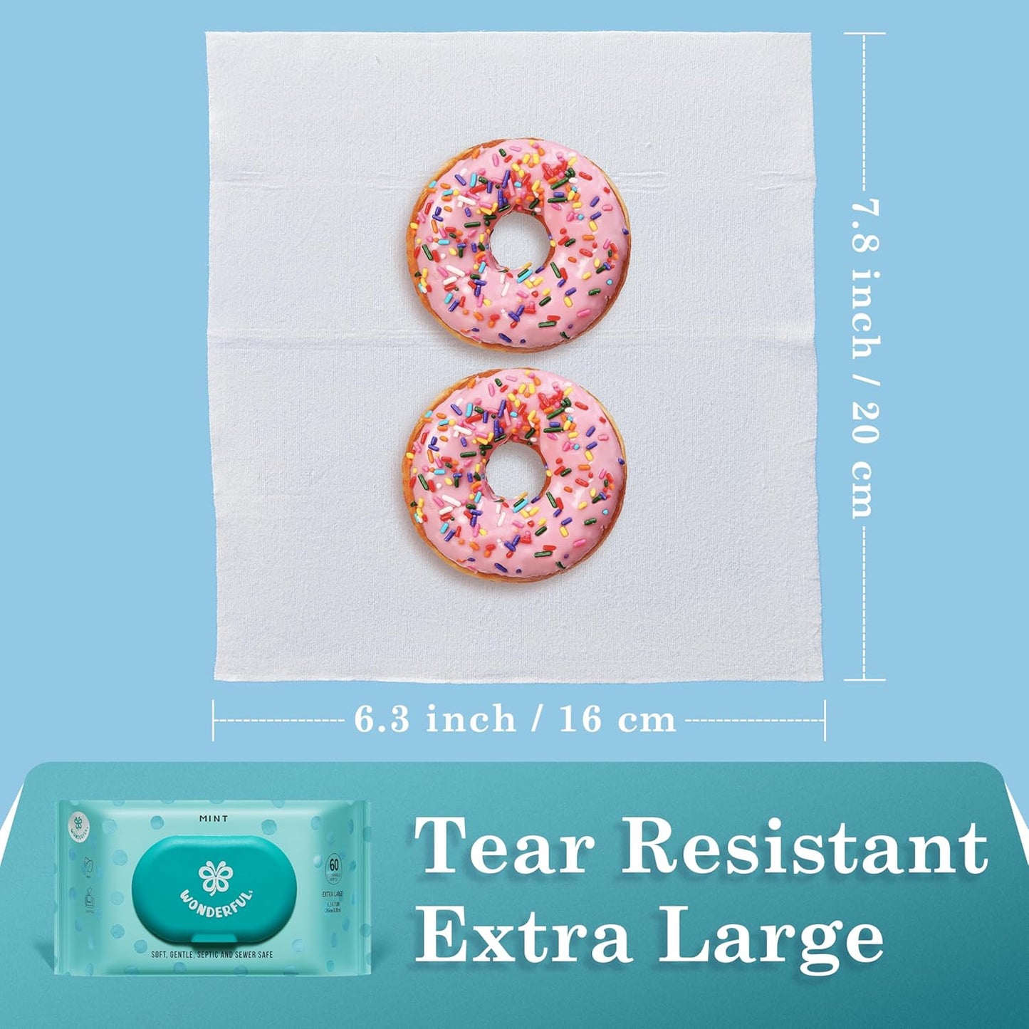 WONDERFUL Flushable Wipes, Mint 100% Plant-Based Wet Wipes for Adults & Kids, Sewer & Septic Safe, Gentle for Sensitive Skin, Wipes Flushable Pack for Bathroom & Travel, 3-Pack (180 Counts)