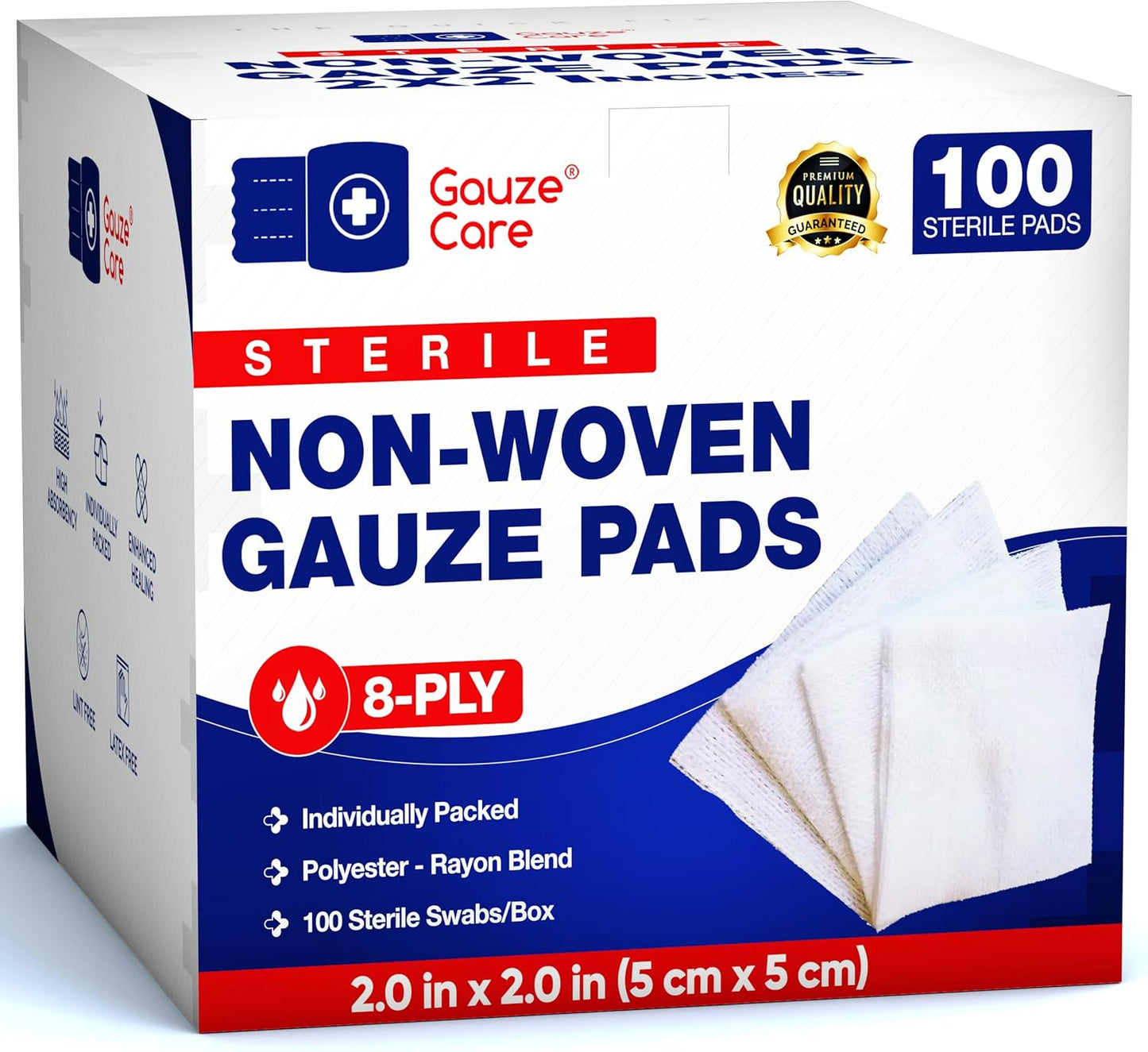 Non-Woven Sterile Gauze Pads 2x2 Pack of 100| 8 ply Gauze Sponges| Individually Packed 2x2 Gauze Pads sterile| Soft and lint-Free Medical Gauze Pads for Enhanced Absorption and First-Aid Wound Care