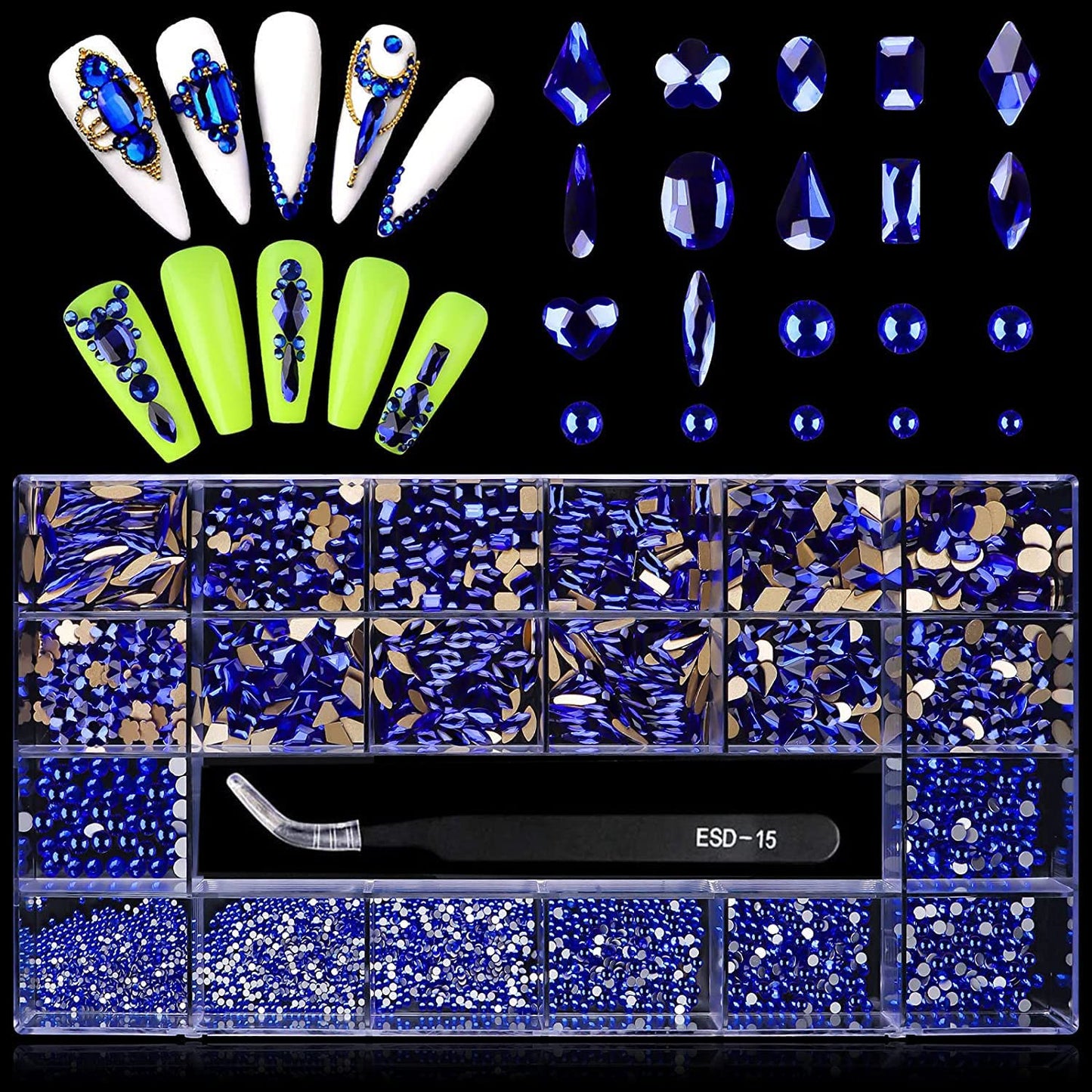 3100Pcs Nail Gems Rhinestones EBANKU Blue Nail Art Crystal Rhinestones Kit for Nails Mixed Shape Nail Jewels Beads with Rhinestone Picker Dotting Pen Tweezers