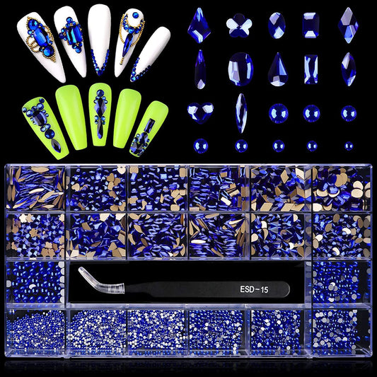 3100Pcs Nail Gems Rhinestones EBANKU Blue Nail Art Crystal Rhinestones Kit for Nails Mixed Shape Nail Jewels Beads with Rhinestone Picker Dotting Pen Tweezers