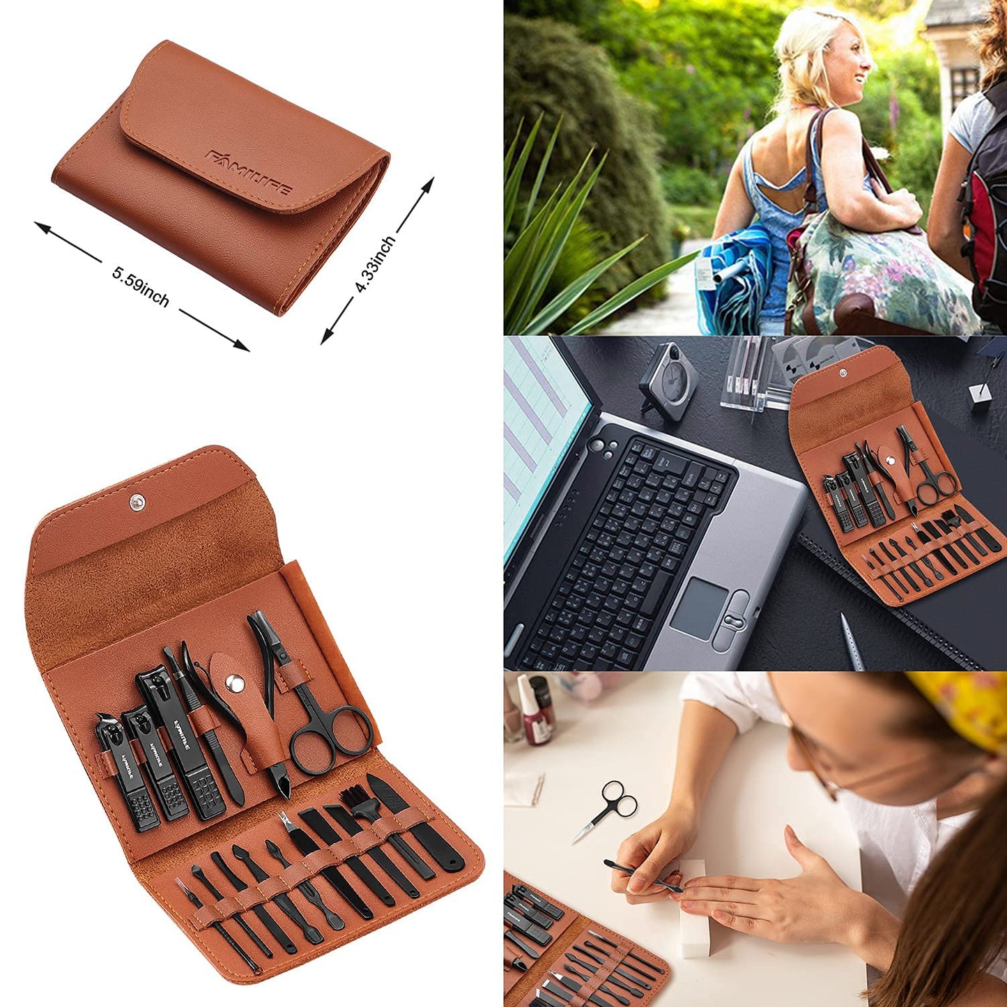 FAMILIFE Gifts for Men, Manicure Set Clippers Manicure Kit Nail Clipper Sets 16pcs Mens Grooming Kits Professional Stainless Steel Nail Kit Brown Leather Case Travel Kits