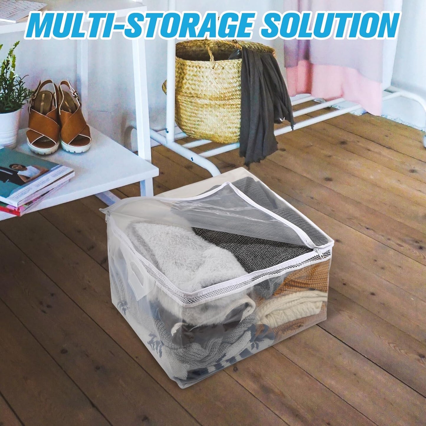 HIBAG 10 Gallon Large Storage Bag for Clothes, Zipper Clothing Storage Bag, Clear Organizer with Reinforced Handles, for Closet and Underbed Storage (4 Pack)