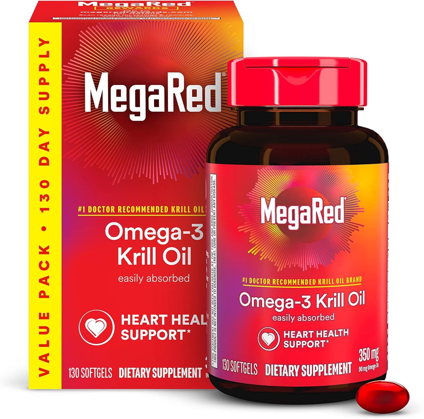 MegaRed - Omega-3 Krill Oil 350mg Softgels (130 Count in A Bottle), EPA & DHA Omega-3 Fatty Acids with No Fishy Aftertaste Unlike Fish Oil, Contains Antioxidant Astaxanthin