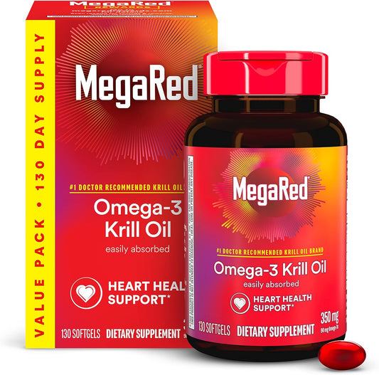 MegaRed - Omega-3 Krill Oil 350mg Softgels (130 Count in A Bottle), EPA & DHA Omega-3 Fatty Acids with No Fishy Aftertaste Unlike Fish Oil, Contains Antioxidant Astaxanthin