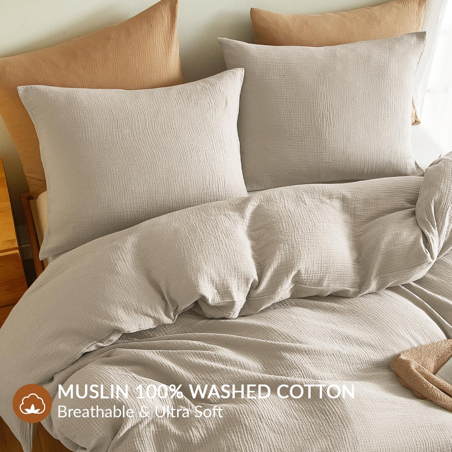 SE SOFTEXLY Muslin Pillowcases Standard Size 100% Cotton, 2 Pack Linen Like Pillow Shams with Envelope Closure, Ultral Soft and Breathable Pillow Case Covers, Beige, 20" X 26", No Filling