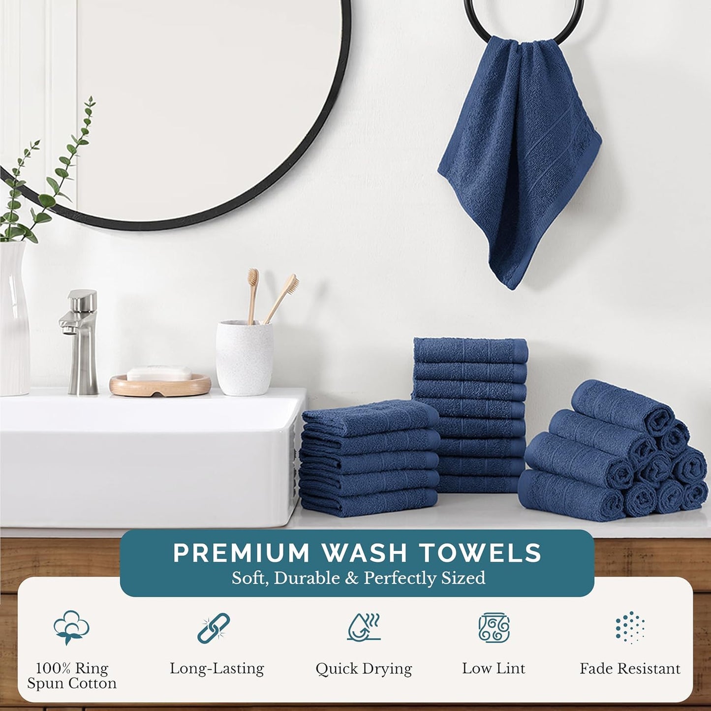 Casa Platino Washcloths Pack of 6 - Spa & Salon Quality - 100% Ring Spun Cotton Face Cloths - Soft & Ultra Absorbent Wash Cloth Set for Body, Beauty, Home, Gym - Fingertip Towels - 13"x13", Navy Blue
