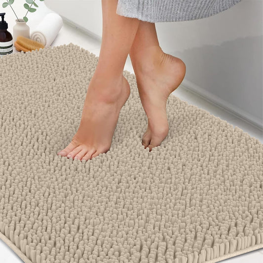 ITSOFT Plush Bathroom Rug 47x21, Absorbent Machine Washable Non Slip Chenille Bath Mats, Quick Dry Bathmat, Bath Rugs for Bath, Shower, Bedroom, or Door Mat, Beige
