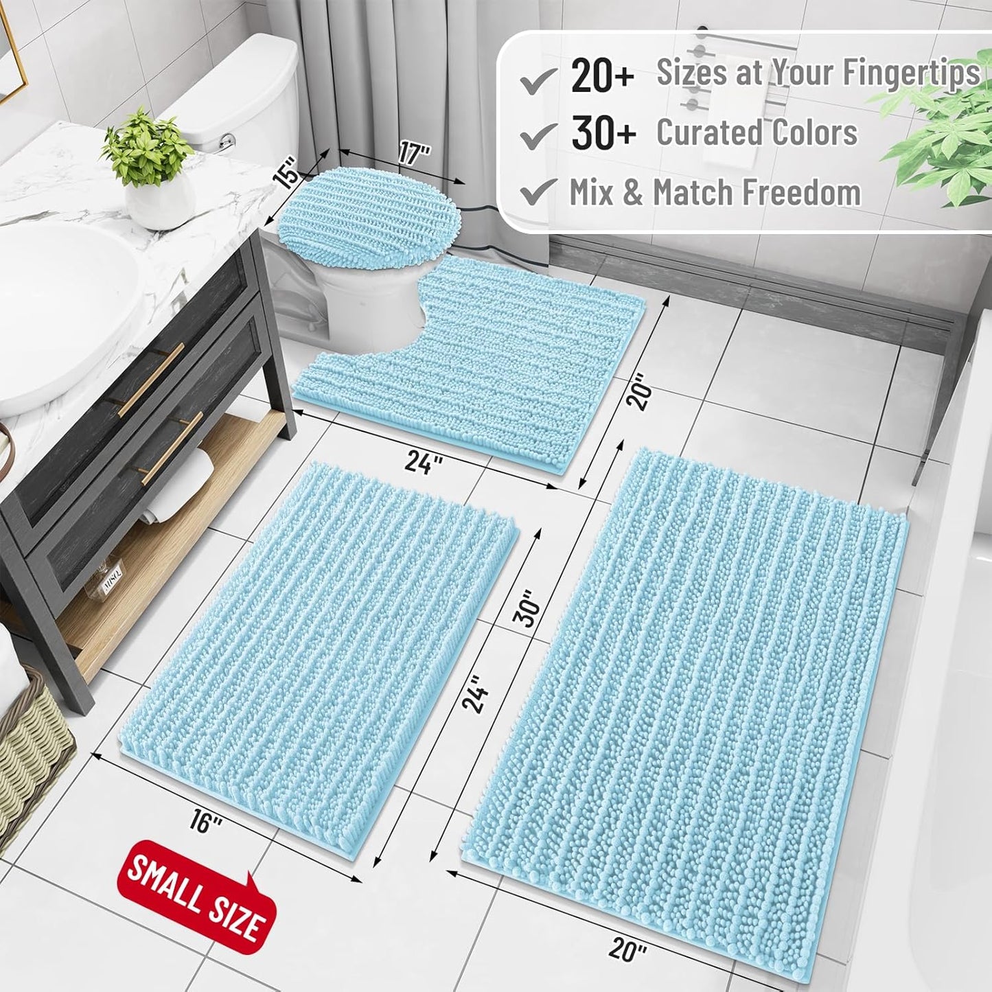 Arotive Luxury Chenille Bathroom Rug Mat, Extra Soft Thick Absorbent Shaggy Bath Rugs, Non-Slip Machine Wash Dry, Plush Bath Mats for Bathroom, Shower and Tub, 60x24, Blue