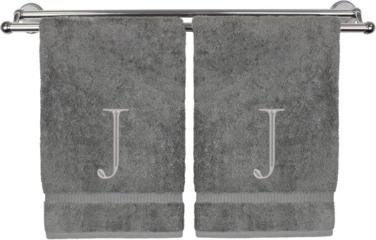 Monogrammed Hand Towel, Personalized Initial Gift, Extra Absorbent 100% Turkish Cotton - Soft Terry Finish - Set of 2 - Silver Block Initial J - Embroidered on Grey Towels
