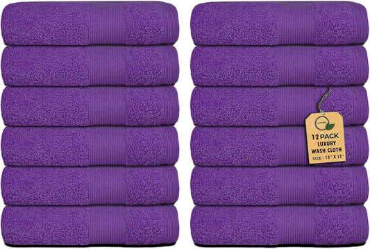 Premium Wash Cloths Pack of 12 (13" x 13") 100% Ring Spun Cotton | Luxury Washcloths | Ultra Soft Face Towels | Highly Absorbent Wash Cloths for face (Purple)