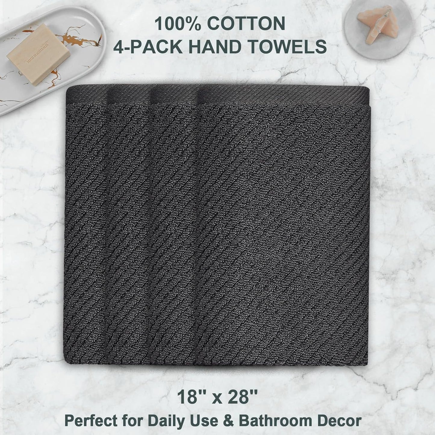 VOOVA & MOVAS Gray Hand Towels for Bathroom, Large 18" x 28" - 100% Cotton | Thick | Quick Dry | Lightweight | Absorbent | Soft, Hand Towels Set of 4, Bathroom Essentials, Dark Grey