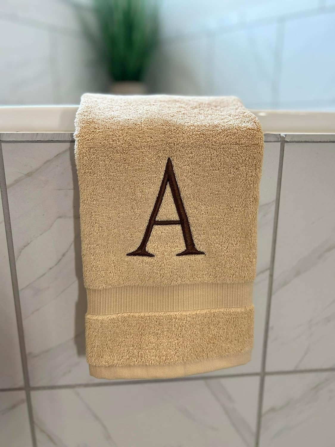 Beige Initial Hand Towel for Bathroom - Monogrammed Luxury Hotel Quality Decorative Embroidered Towel for Powder Room, Spa - GOTS Organic Certified - Set of 2 Brown Letter J