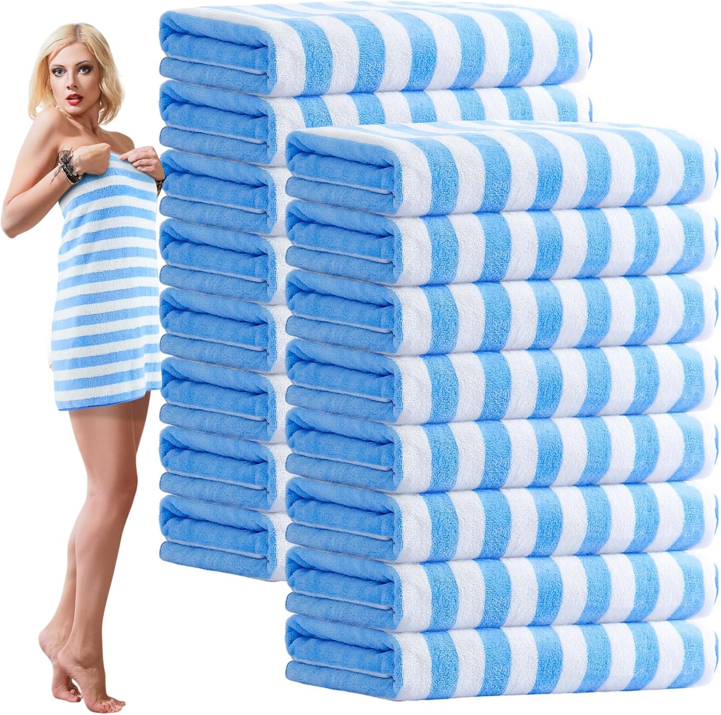 16 Pack Microfiber Bath Towels Bulk 27'' x 60'' Oversized Size Bath Towel Highly Absorbent Extra Large Soft Drying for Shower Beach Salon Winter Sport Spa Gym (Stripes,Light Blue)