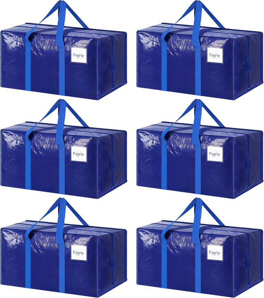 6 Pack Extra Heavy Duty Large Moving Bags with Strong Zipper & Comfortable Handles, Sturdy & Durable Clothes Storage Bags Totes Bins, Packing Moving Boxes for College Supplies, Blue